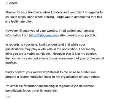 A job offer email screenshot