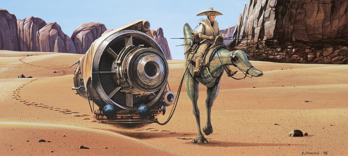 Concept art by Doug Chiang inspired by Asian farmers returning from the field for 1999's Star Wars: The Phantom Menace.