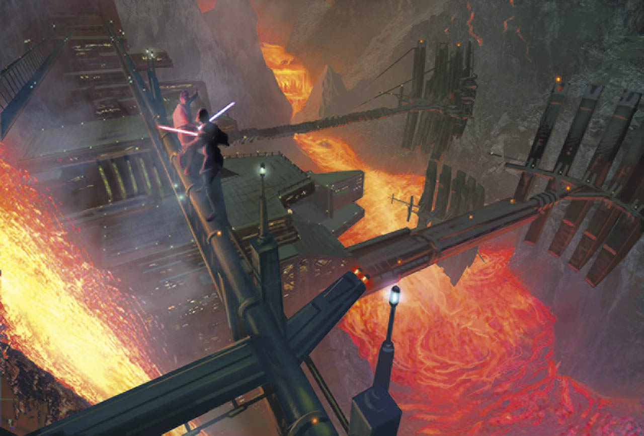Anakin Skywalker and Obi-Wan Kenobi duel on Mustafar in Revenge of the Sith (2005). Concept art by Aaron McBride.