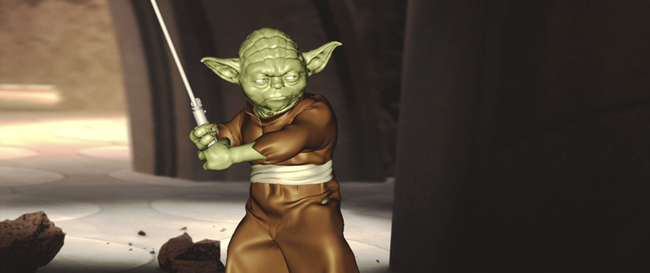 The beginning process of digitally making Yoda fighting Count Dooku in Star Wars: Attack of the Clones