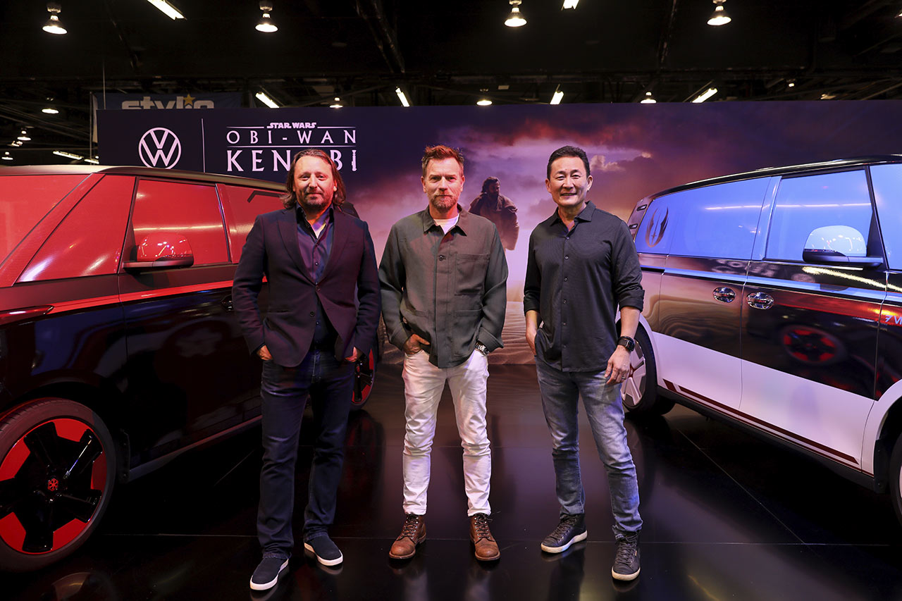 Jozef Kabaň, Ewan McGregor, and Doug Chiang at Lucasfilm and Volkswagen’s Obi-Wan Kenobi-Inspired Vehicles set at Star Wars Celebration