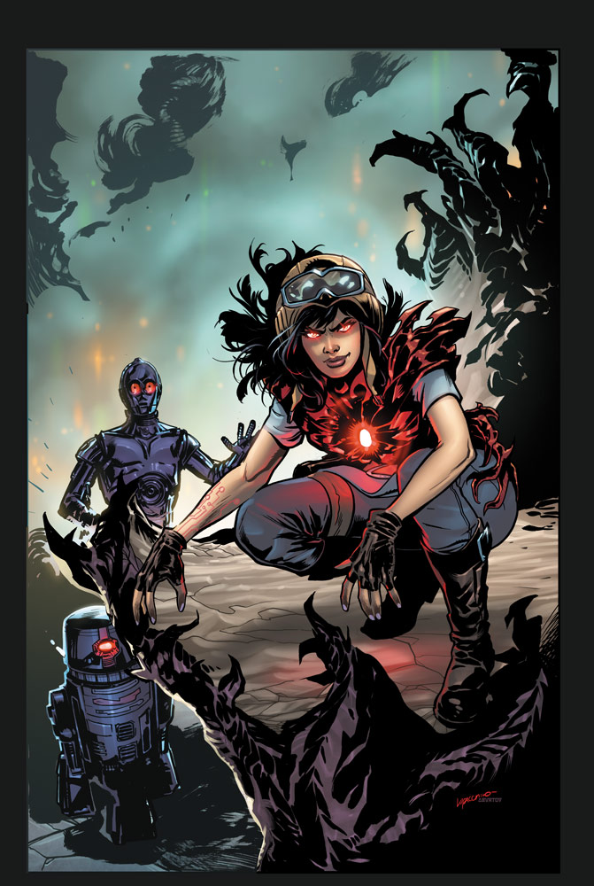 The cover of Marvel's Star Wars: Doctor Aphra #29 featuring Doctor Aphra possessed by the Spark Eternal and her droids.