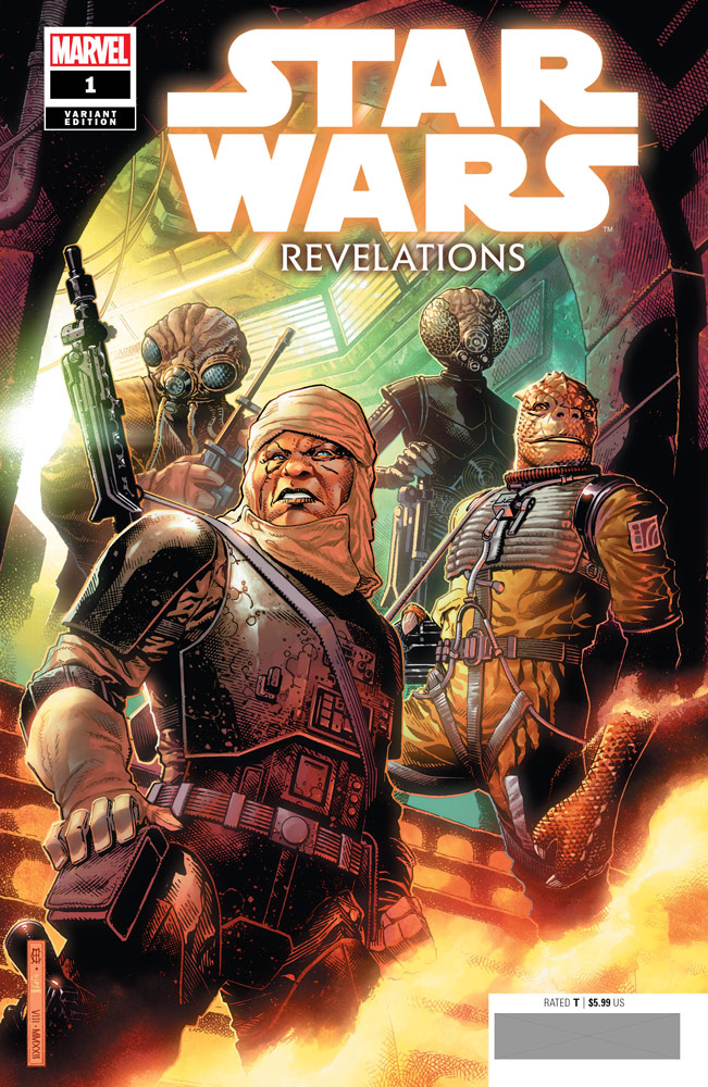 Star Wars: Revelations #1 variant cover featuring Bossk, 4-LOM, Dengar, and Zuckess.
