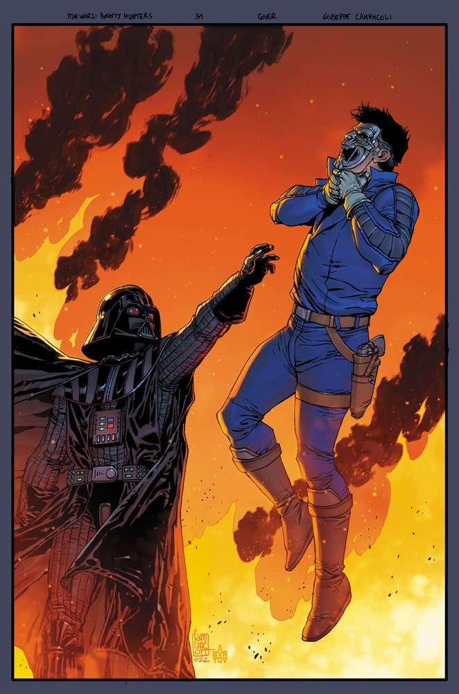 The cover of Marvel's Star Wars: Bounty Hunters #31 featuring Darth Vader Force choking Beilert Valance.
